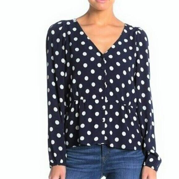 J Crew Polka Dot Top Womens 4 Navy Blue White Peplum Button Down Viscose Shirt - Picture 2 of 9